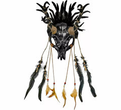 Black Skull Shaman Mask with Feathers