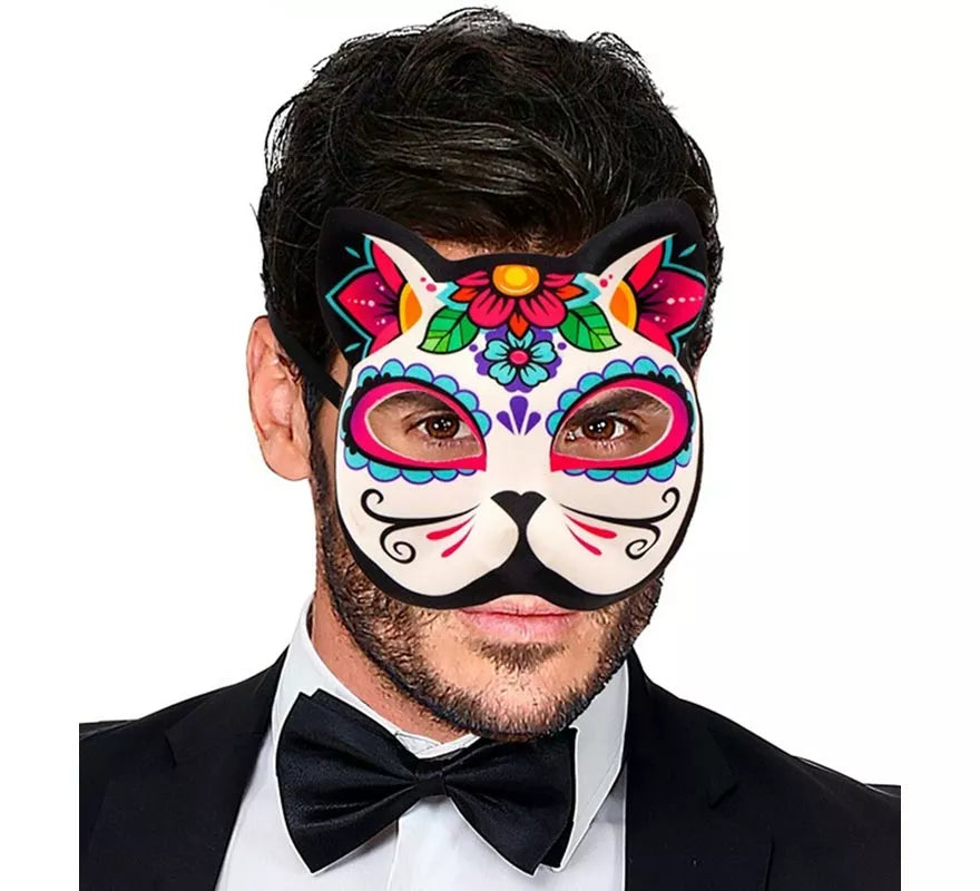 Máscara de Gato Catrina Día de Los Muertos sin Barbilla