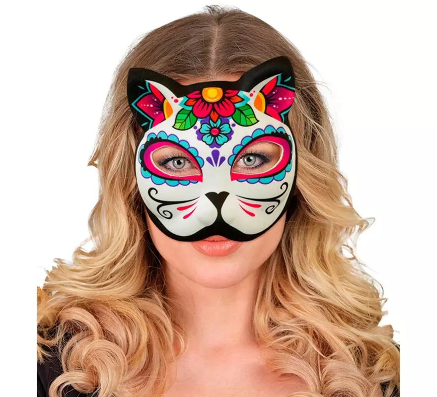 Máscara de Gato Catrina Día de Los Muertos sin Barbilla