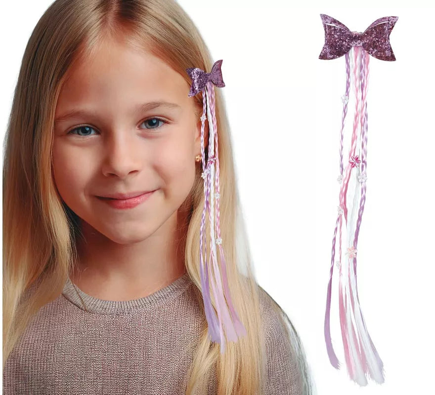 Mechón Trencitas lila y rosa con Lazo de 30 cm