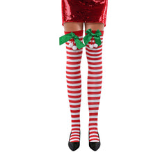 Red Striped Christmas Bow Tights for Adults