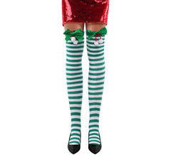 Green Striped Christmas Bow Tights for Adults