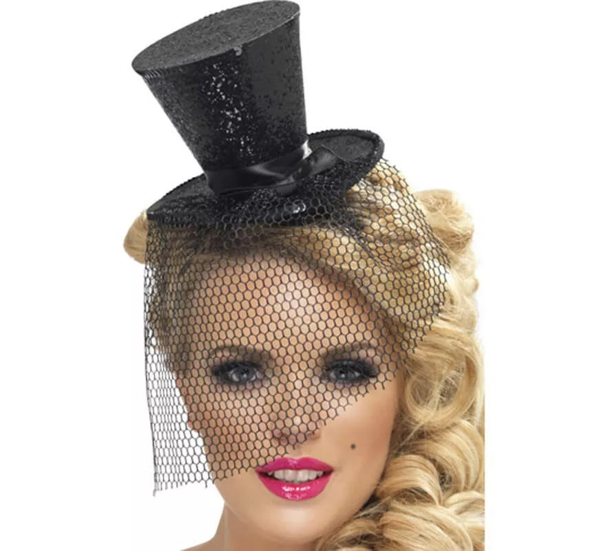 Translation missing: en.Mini Sombrero de Copa Burlesque Negro con Velo para Mujer