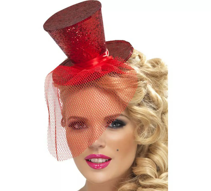 Translation missing: en.Mini Sombrero de Copa Burlesque Rojo con Velo para Mujer