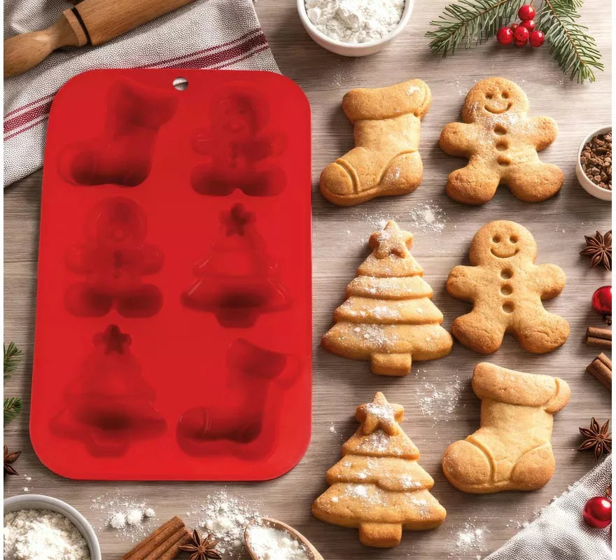 Translation missing: en.Molde de Silicona rojo para 6 Galletas Navideñas de 16x25 cm