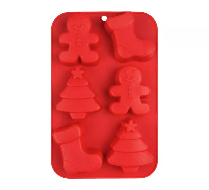 Molde de Silicona rojo para 6 Galletas Navideñas de 16x25 cm