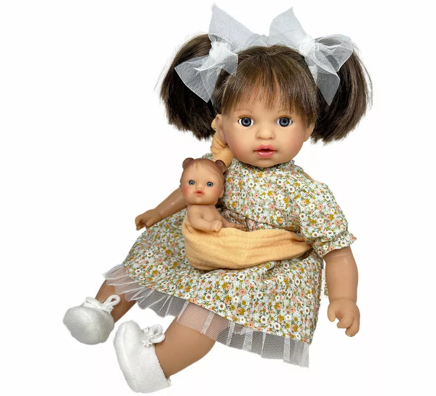 Muñeca Álex morena con Bebé y Bestido Floral de 40 cm