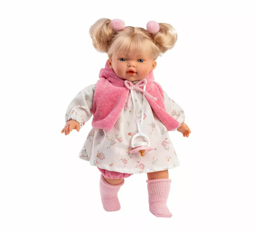 Translation missing: en.Muñeca Roberta Llorona de 33 cm con Vestido Estampado y Capa