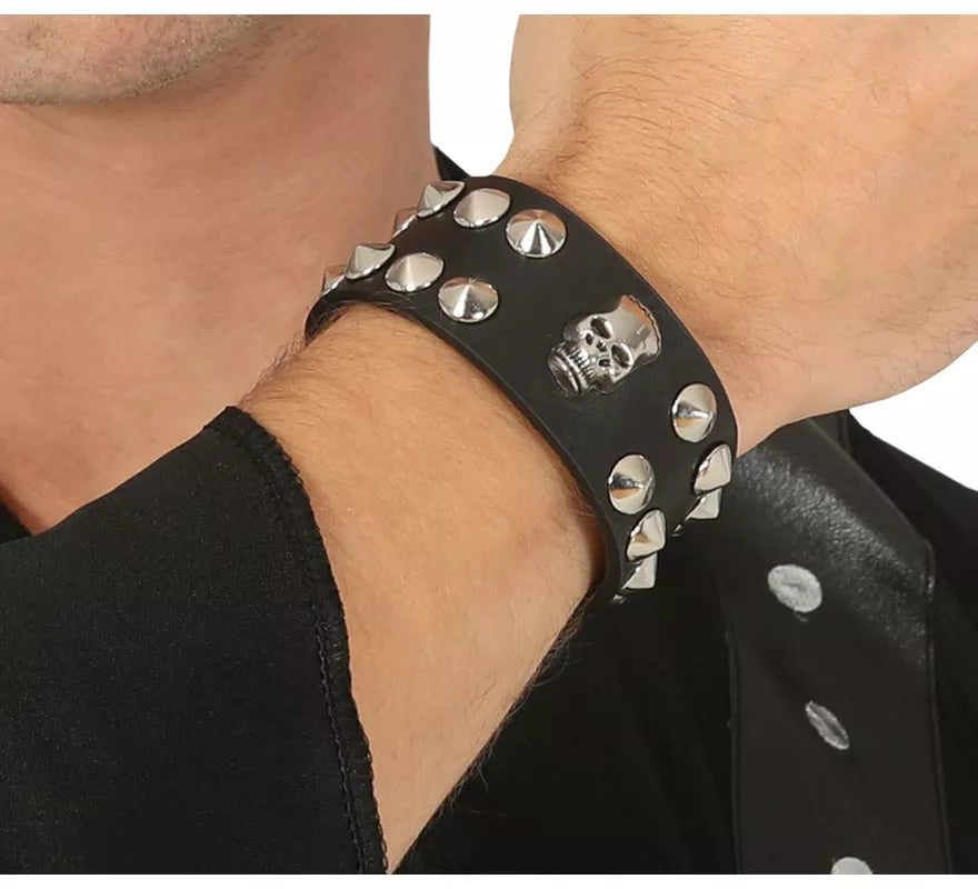 Muñequera de Calavera Símil de Cuero Negro