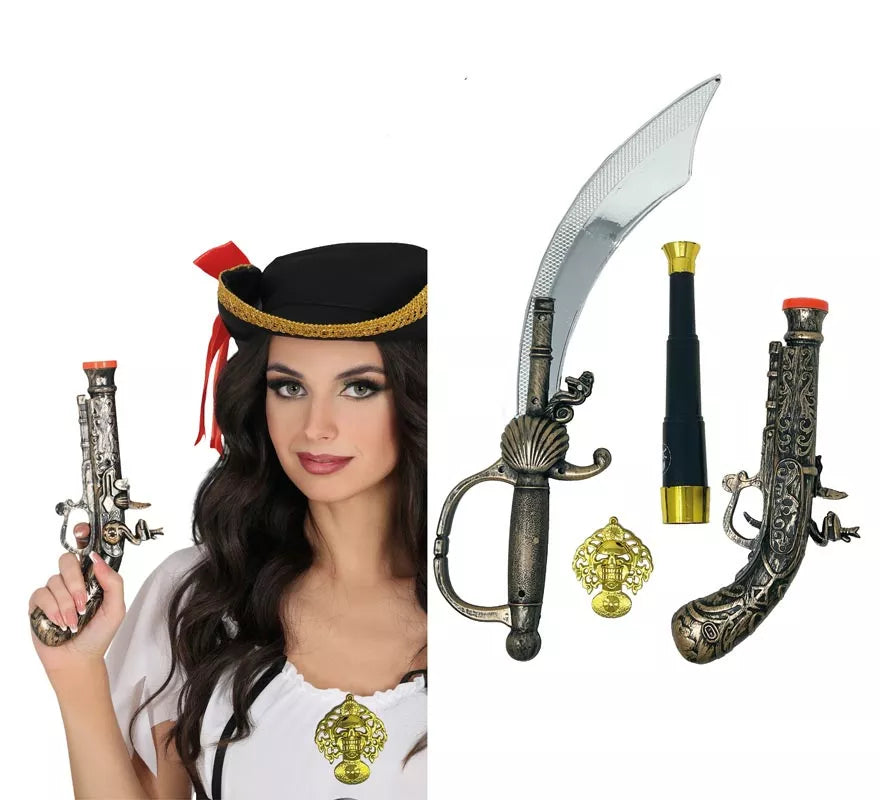 Pack Armas Pirata: Espada, Pistola, Catalejo y Medalla de Plástico
