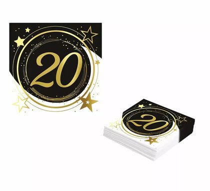 Pack de 12 Servilletas 20 Años Cumpleaños y Aniversarios de 33X33 cm