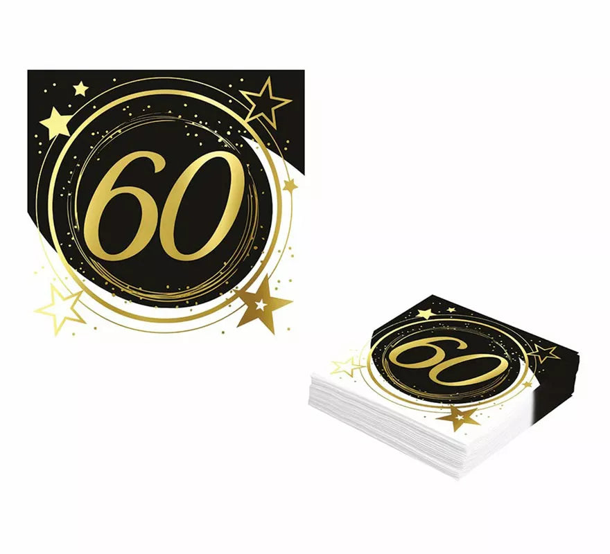 Pack de 12 Servilletas 60 Años Cumpleaños y Aniversarios de 33X33 cm
