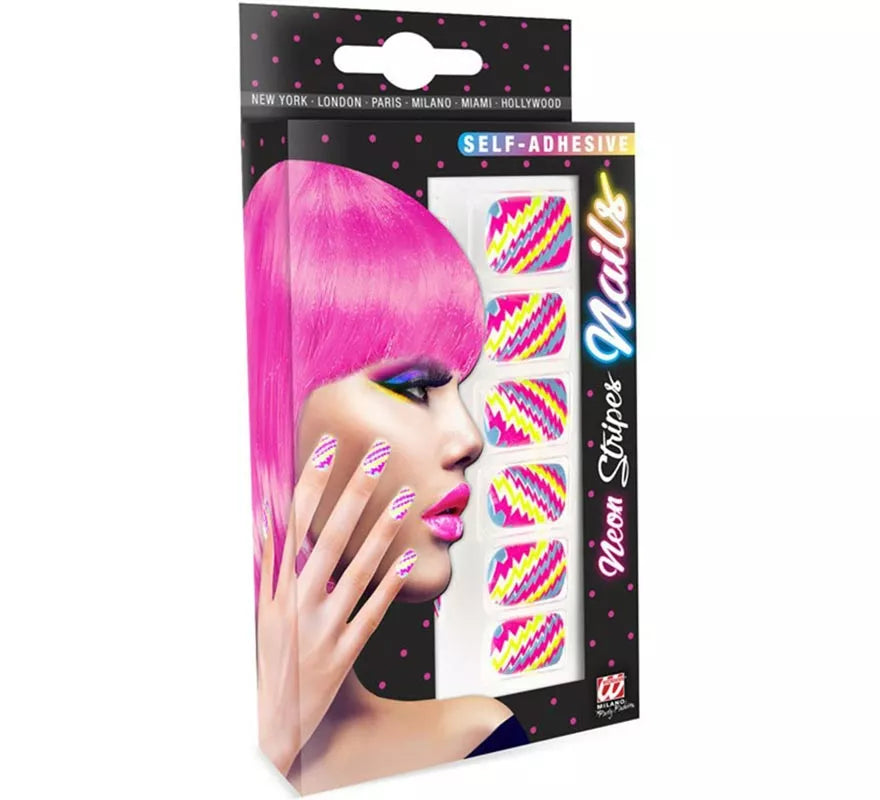Pack de 12 Uñas Autoadhesivas de Rayas neón