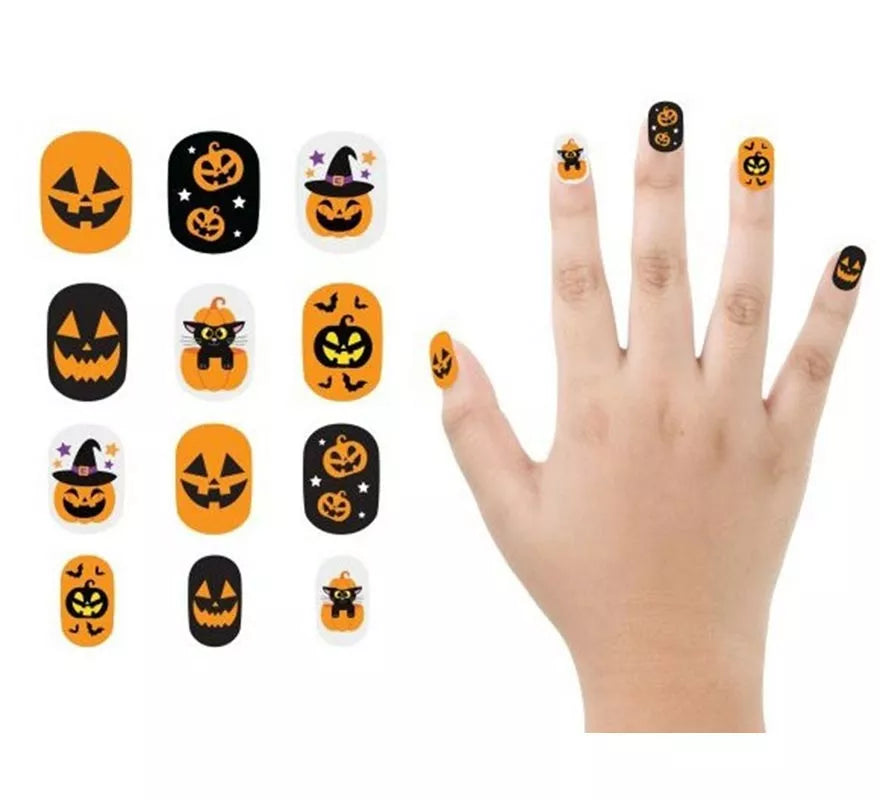 Pack de 12 Uñas Calabaza con Adhesivo Infantil