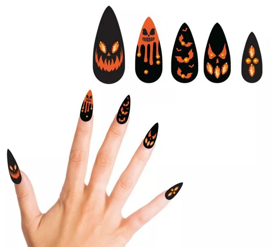 Pack de 12 Uñas Postizas Calabazas con Joyas