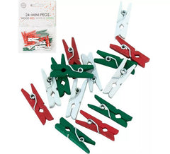 Pack of 24 Mini Wooden Clothespins in Red, White and Green