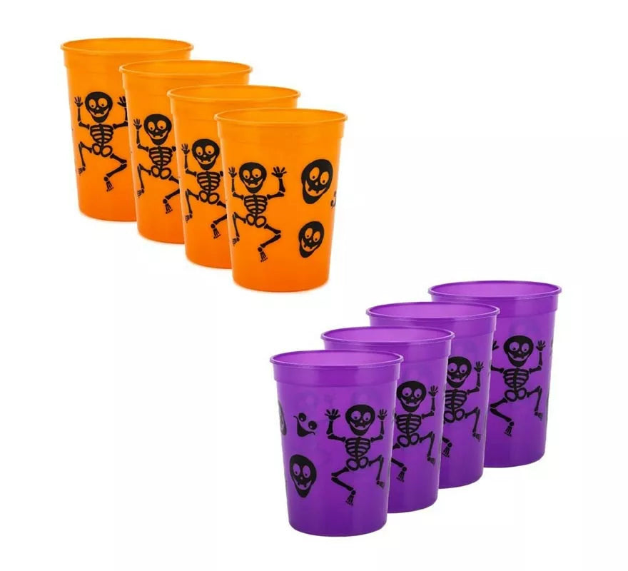 Pack de 4 Vasos de Plástico de Esqueletos de 10x8x6 cm en varios colores