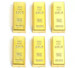 Pack of 6 imitation gold bars measuring 6x3 cm