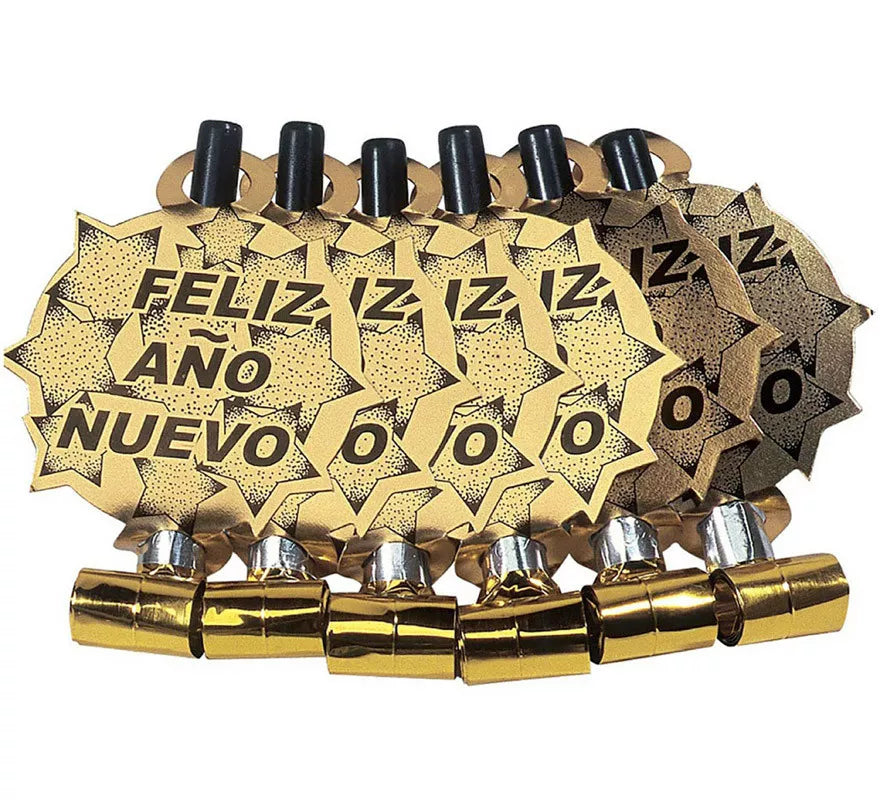 Pack de 6 Matasuegras Doradas 'Feliz Año Nuevo' para Nochevieja