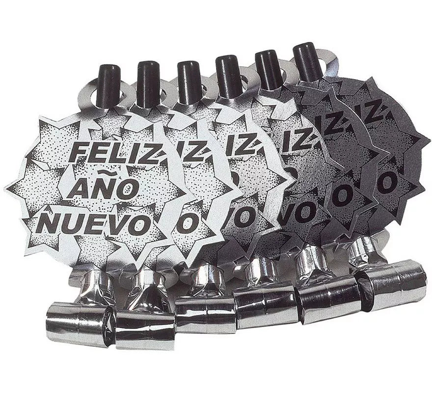 Translation missing: en.Pack de 6 Matasuegras Plateadas 'Feliz Año Nuevo' para Nochevieja