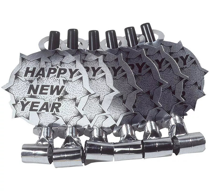 Translation missing: en.Pack de 6 Matasuegras Plateadas 'Happy New Year' para Nochevieja