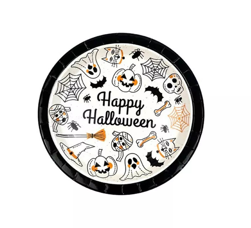 Pack de 6 Platos Happy Halloween Print blanco y negro de 18 cm