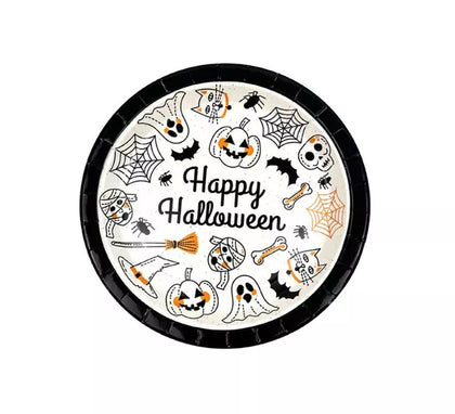 Pack de 6 Platos Happy Halloween Print blanco y negro de 23 cm