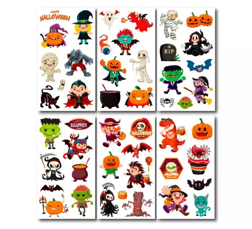 Translation missing: pt-PT.Pack de 6 Tatuajes Halloween caricaturas en modelos surtidos de 6,8 cm