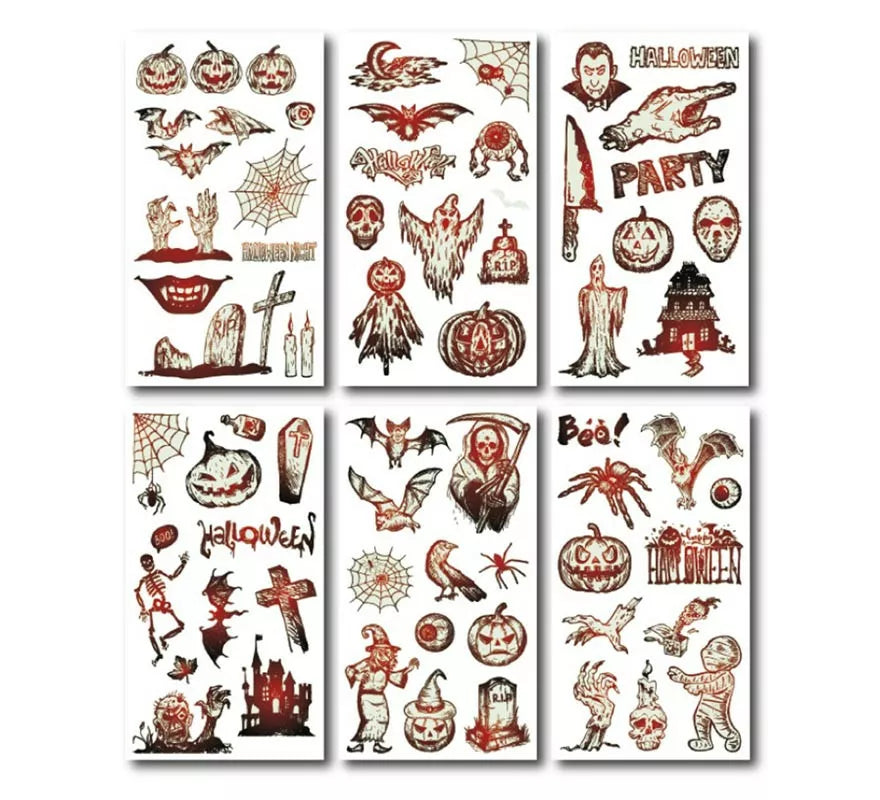 Translation missing: en.Pack de 6 Tatuajes Halloween luminiscente en modelos surtidos de 6,8 cm