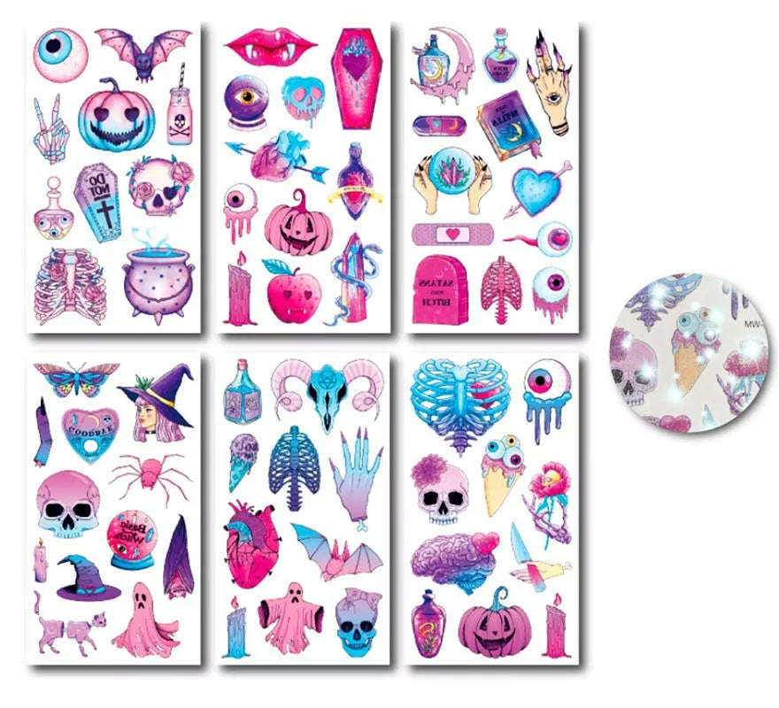 Translation missing: en.Pack de 6 Tatuajes Halloween rosa glitter en modelos surtidos de 6,8 cm