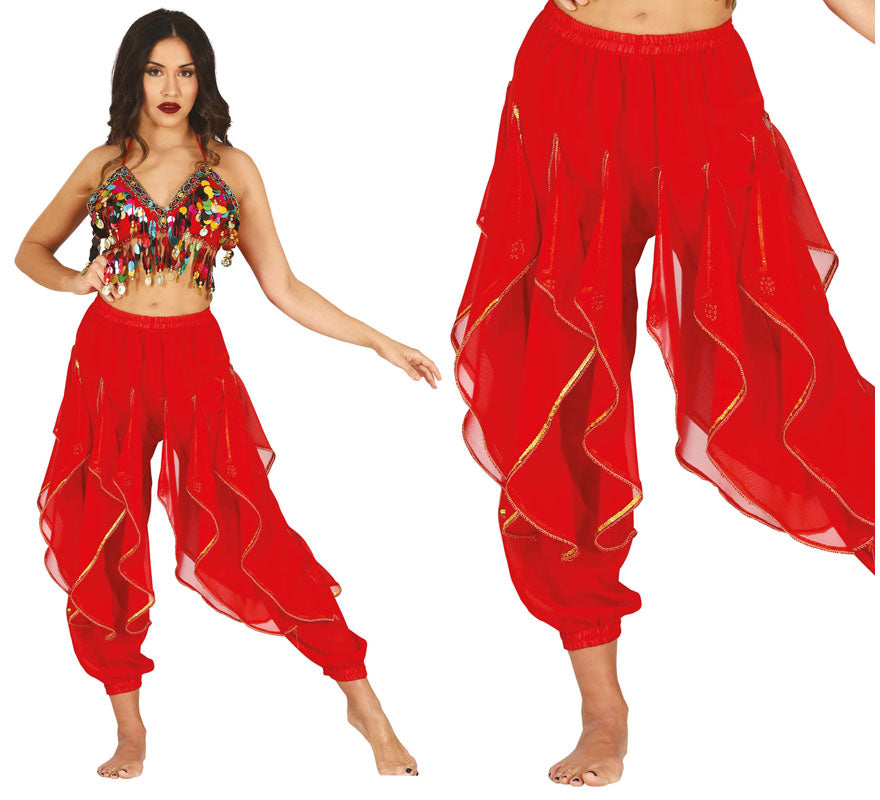 Translation missing: en.Pantalones Danza del Vientre Rojo con Flecos Dorados