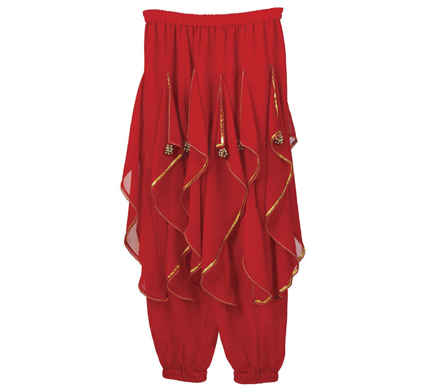 Pantalones Danza del Vientre Rojo con Flecos Dorados