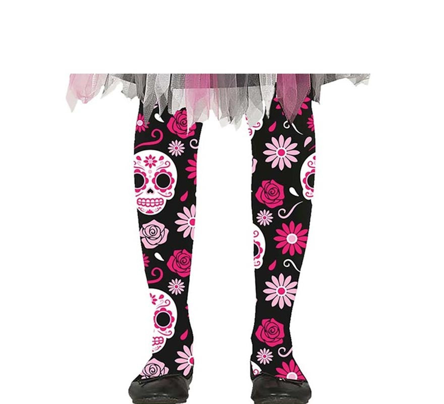 Pantys de Catrina Calaveras y Flores rosa infantil