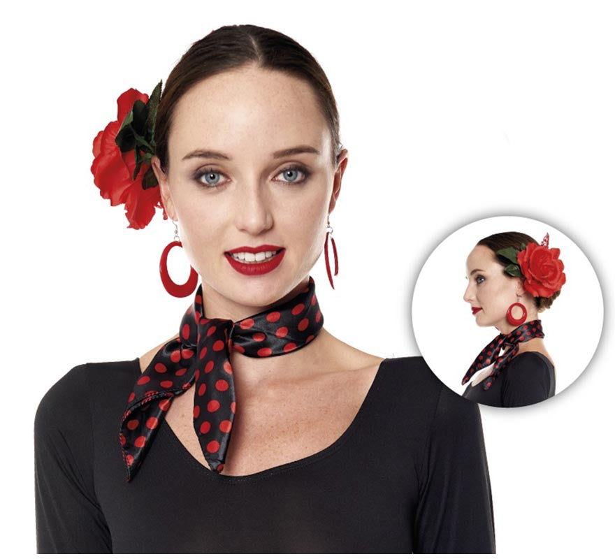 Pañuelo Sevillana negro con lunar rojo 46x46 cm