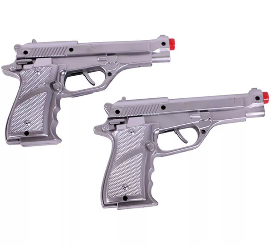 Par de cartucheras con 2 Pistolas Plateadas