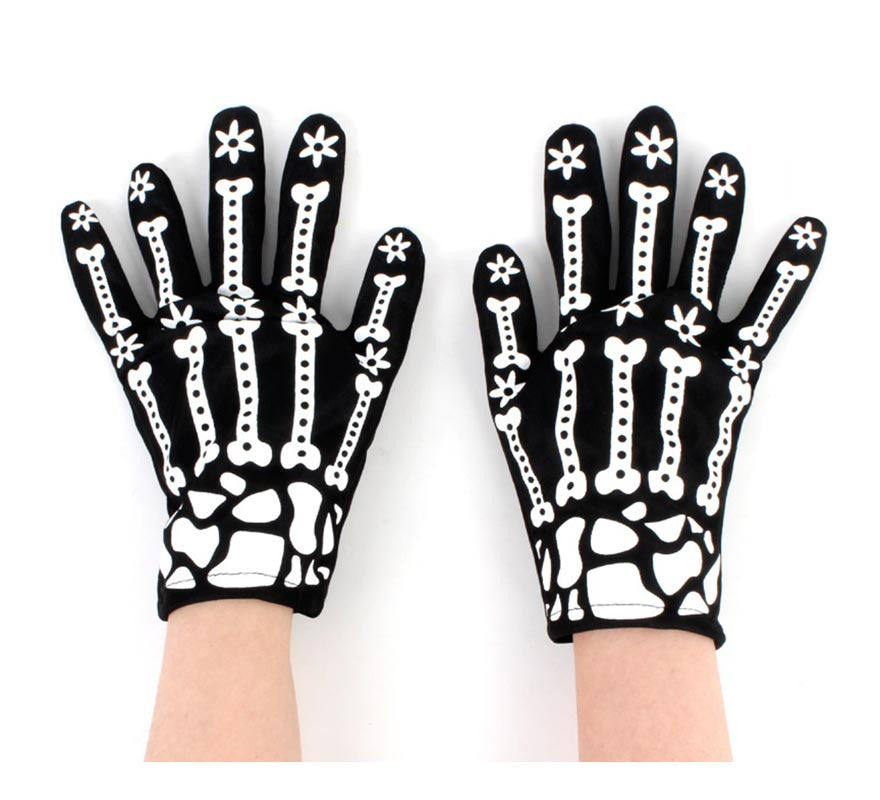 Translation missing: en.Par de Guantes Esqueleto con flores adulto
