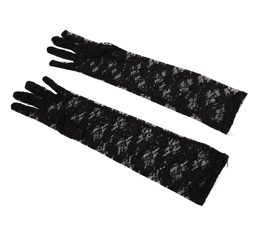 Par de Guantes Largos de Encaje negros adulto de 40 cm
