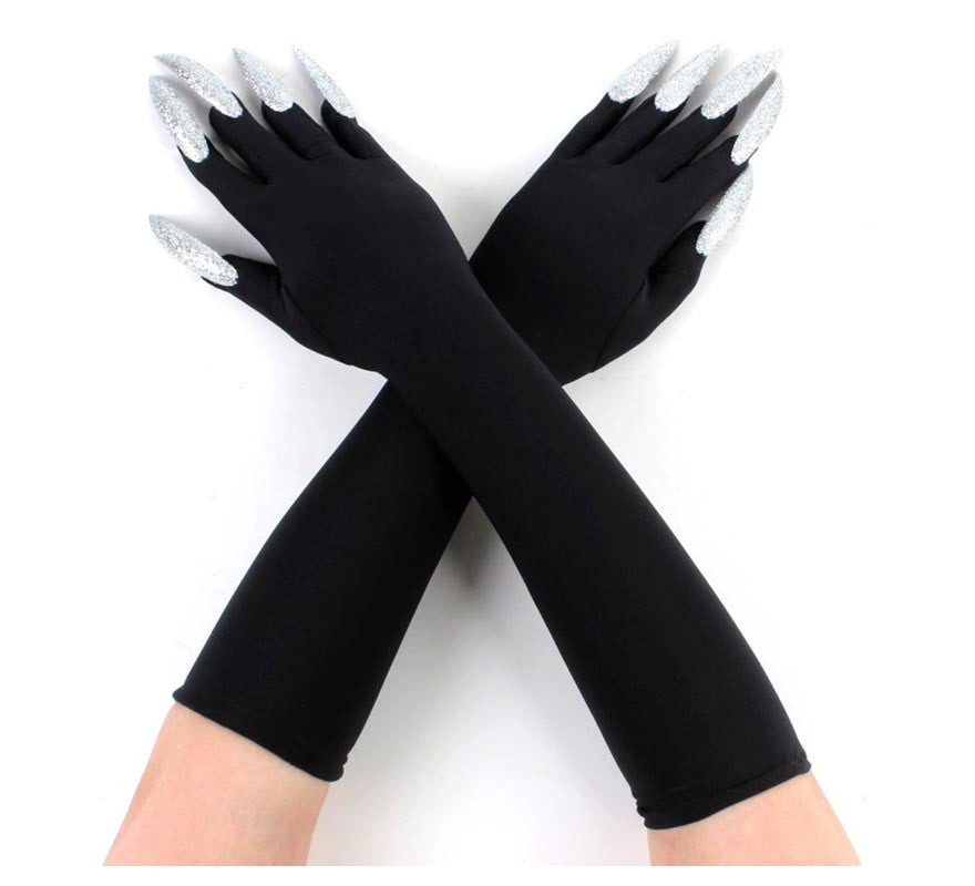 Par de Guantes negros con Uñas plateadas adulto