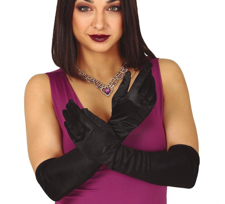 Par de guantes satinados negros 51 cm.