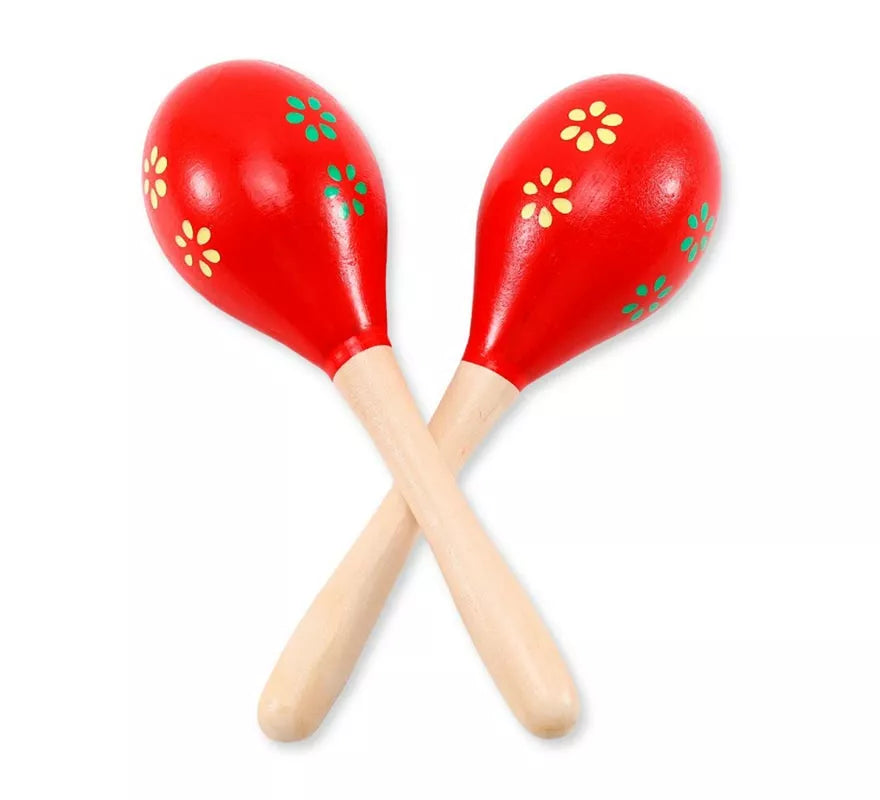 Translation missing: en.Par de Maracas de madera roja con flores 20 cm