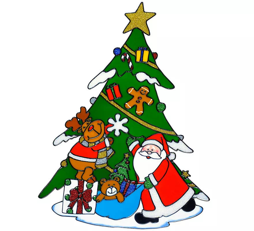 Translation missing: en.Pegatina Ventana Árbol Navidad con Papá Noel y Reno de 40 cm