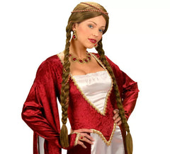 Peruca medieval renascentista marrom com tranças em caixa
