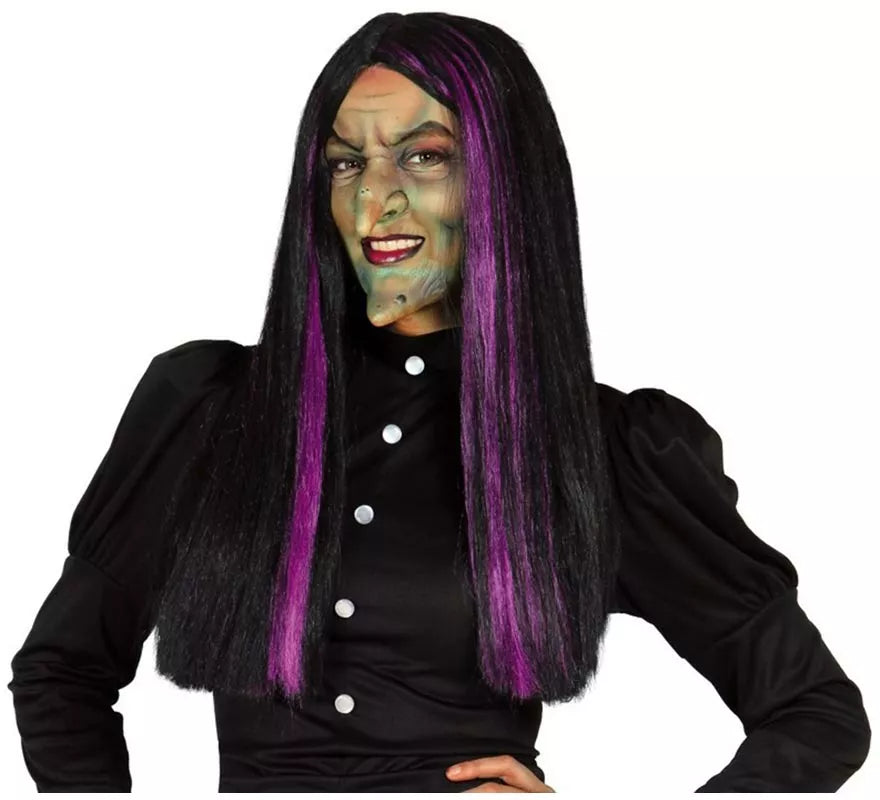 Peluca de Bruja con mechas lilas para Halloween