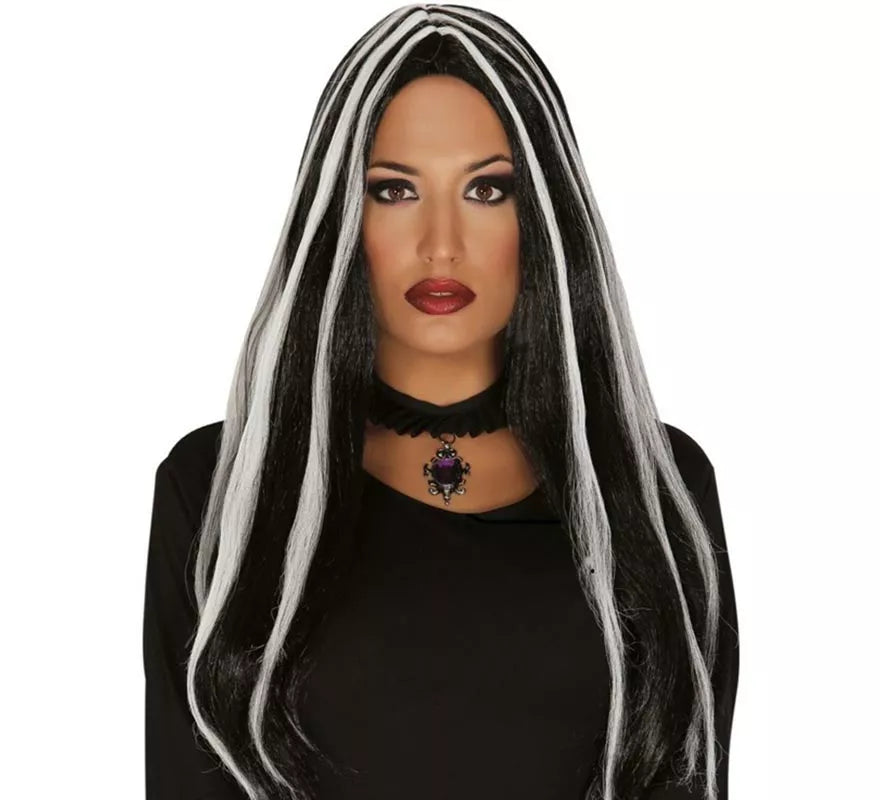 Peluca de Bruja negra con mechas blancas Halloween