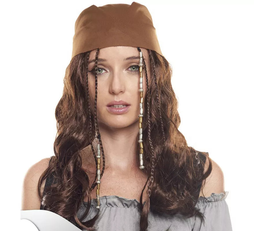 Peluca de Chica Pirata castaño claro con pañuelo