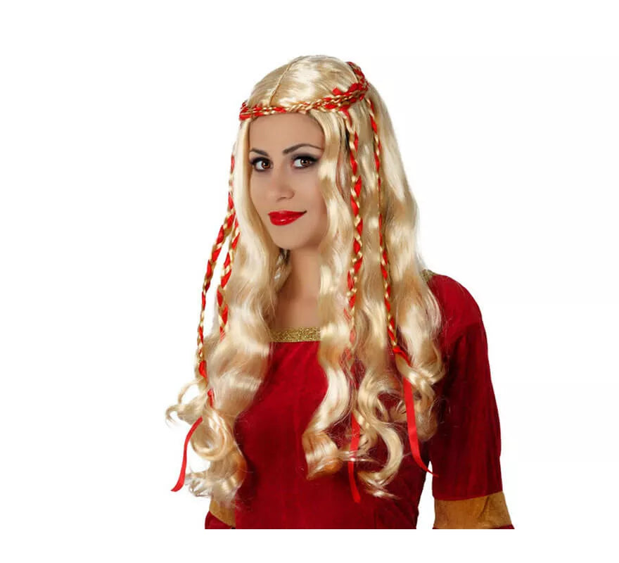 Translation missing: en.Peluca de Dama Medieval rubia con lazo rojo