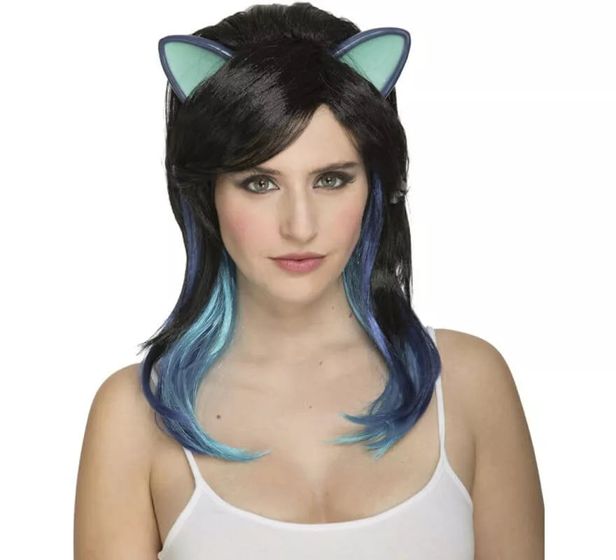 Translation missing: en.Peluca de Gatita Negra con Orejas y Mechas Azules