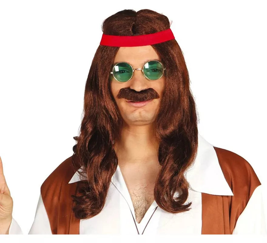 Peluca de Hippie con cinta y bigote
