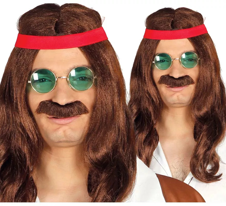 Peluca de Hippie con cinta y bigote