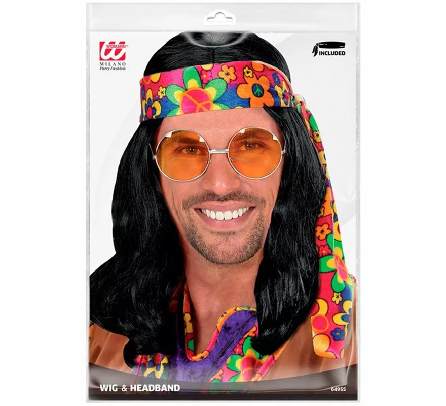 Peluca de Hippie negra con Bandana